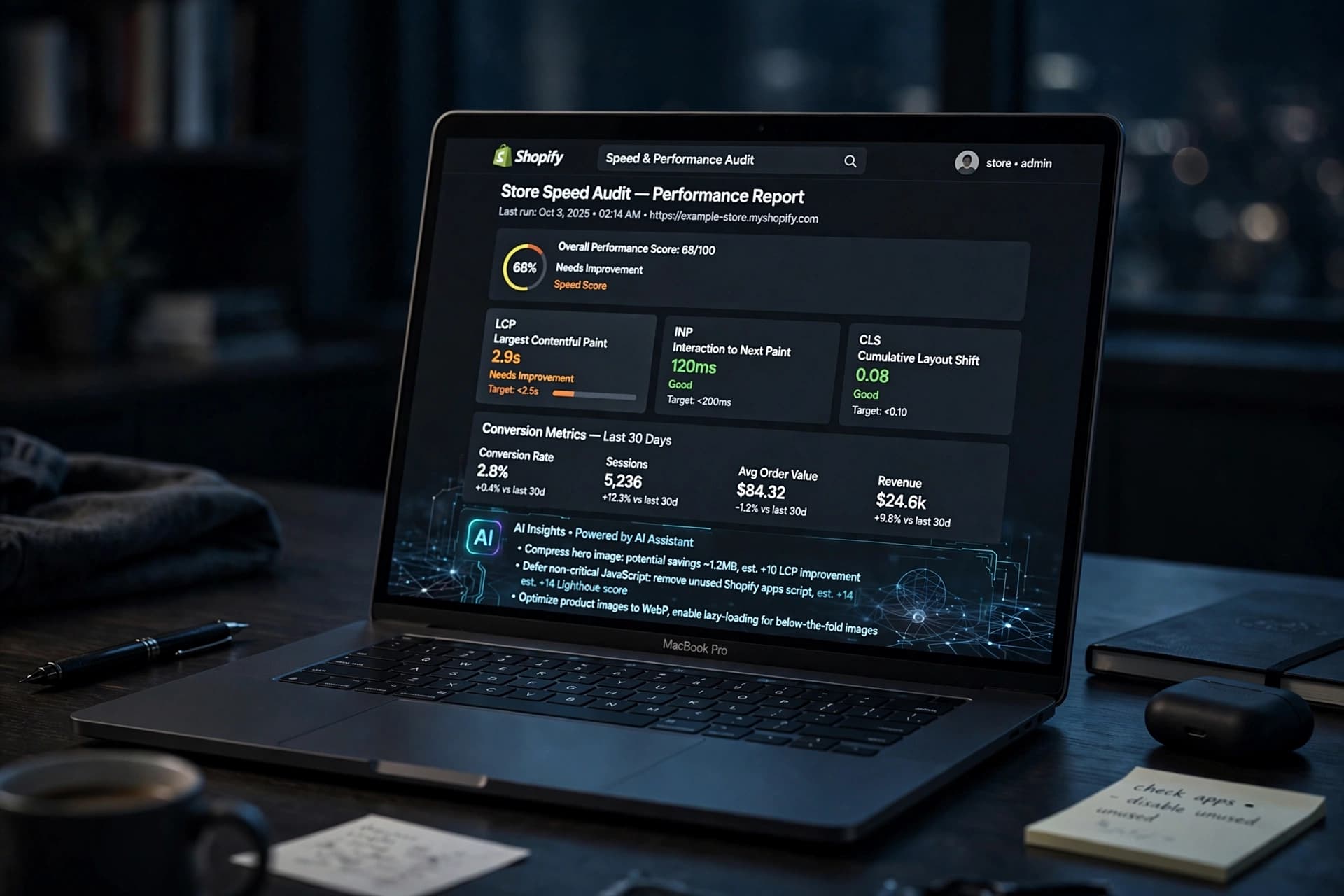 Laptop showing a Shopify store technical audit with speed and AI insights overlays